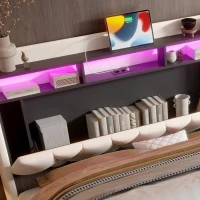 Lit rembourré avec tête de lit LED et coffre de rangement, sommier à lattes à vérin à gaz, sans matelas, 160x200 cm, Beige(m-6)