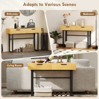 HOMCOM Konsolowy stolik, wąski stolik do przedpokoju z 2 szufladami, metalowa rama, do przedpokoju, 110 x 35 x 76,5 cm, naturalny(m-6)