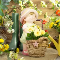 Outsunny Buitenzonnig tuinbeeldje meisje met bloempot Weerbestendig tuinbeeld(m-10)