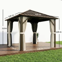 Outsunny Tuinpaviljoen ca. 3 x 3 m Aluminium Paviljoen met Stalen Hardtop-Dak, Muggennet en 4 Zijwanden, UPF50+(m-3)