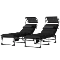 Outsunny Folding Sun Loungers Set of 2 with Canopy, Reclining Sunbed with Cushion, Side Pocket, Carrying Handle, Black(m-11)