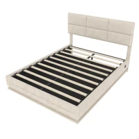 Lit rembourré en velours avec tête de lit réglable en hauteur, éclairage LED et système de levage hydraulique, sans matelas, 160x200 cm, Beige(m-2)