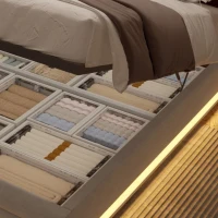 Lit rembourré en velours avec tête de lit réglable en hauteur, éclairage LED et système de levage hydraulique, sans matelas, 140x200 cm, Beige(m-7)