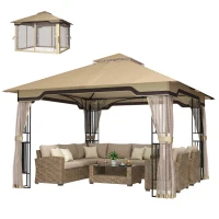 Outsunny 3.3 x 3.3 m Outdoor Garden Gazebo with Post Shelves, UPF50+ Patio Permanent Pavilion with Hook, Khaki(m-11)
