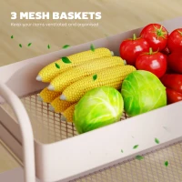 HOMCOM 3-Tier Storage Trolley on Wheels, Rolling Utility Cart with Mesh Backets for Kitchen, Bathroom, Bedroom, Light Pink(m-4)