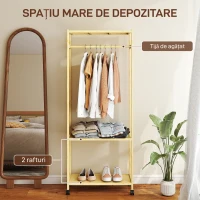 HOMCOM Cuier de Podea cu Bară și 4 Roți, Economisire Spațiu, Cuier din Bambus cu Rafturi Inferioare, pentru Dormitor, Hol, 70x35x175 cm, Lemn Natural(m-4)