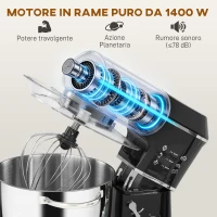 HOMCOM Impastatrice Planetaria 1400W con Ciotola 7L e 6 Velocità, Gancio Impastatore, Frusta e Sbattitore, Nero(m-4)
