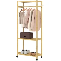 HOMCOM Cuier de Podea cu Bară și 4 Roți, Economisire Spațiu, Cuier din Bambus cu Rafturi Inferioare, pentru Dormitor, Hol, 70x35x175 cm, Lemn Natural(m-10)