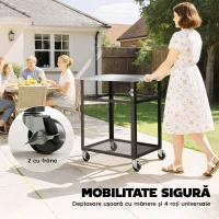 Outsunny Troller pentru Grătar de Exterior cu Blat din Oțel Inoxidabil, 4 Cârlige, Mâner și Roți Blocabile, Negru(m-6)