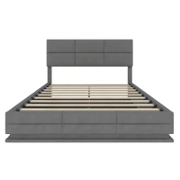 Lit rembourré en velours avec tête de lit réglable en hauteur, éclairage LED et système de levage hydraulique, sans matelas, 140x200 cm, Gris(m-10)