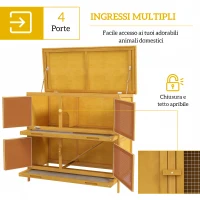 PawHut Conigliera a 2 Livelli in Legno di Abete e Bitume con Rampa, 2 Vassoi Estraibili 4 Porte, 97x44x91 cm, Giallo(m-4)
