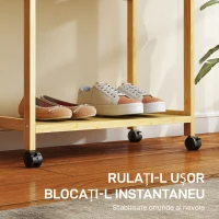 HOMCOM Cuier de Podea cu Bară și 4 Roți, Economisire Spațiu, Cuier din Bambus cu Rafturi Inferioare, pentru Dormitor, Hol, 70x35x175 cm, Lemn Natural(m-6)