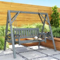 Outsunny Balanço para 2 Pessoas Banco de Balanço de Madeira com Prateleiras Suporte para Bebidas e Correntes Metálicas Cinza(m-4)