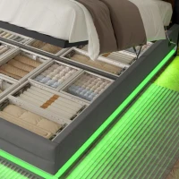 Lit rembourré en velours avec tête de lit réglable en hauteur, éclairage LED et système de levage hydraulique, sans matelas, 140x200 cm, Gris(m-7)