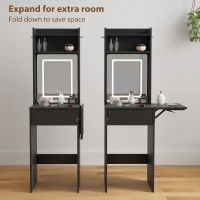 HOMCOM Small Vanity Desk with Mirror and LED Lights, Compact Dressing Table with Drop Leaf, Open Shelves and Drawer, Black(m-5)