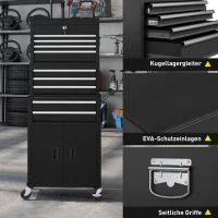 HOMCOM 3-in-1 Werkzeugkiste, Werkzeugschrank mit 4 Rädern, verschließbarer Werkzeugkasten mit 9 Schubladen, Stahl, Schwarz(m-7)