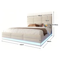 Lit rembourré en velours avec tête de lit réglable en hauteur, éclairage LED et système de levage hydraulique, sans matelas, 140x200 cm, Beige(m-3)