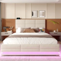 Lit rembourré en velours avec tête de lit réglable en hauteur, éclairage LED et système de levage hydraulique, sans matelas, 160x200 cm, Beige(m-1)