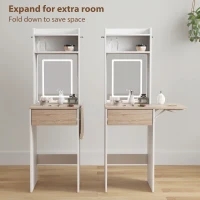HOMCOM Small Vanity Desk with Mirror and LED Lights, Compact Dressing Table with Drop Leaf, Open Shelves and Drawer, White(m-5)