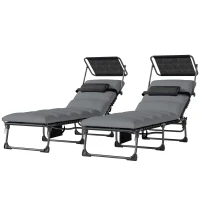 Outsunny Folding Sun Loungers Set of 2 with Canopy, Reclining Sunbed with Cushion, Side Pocket, Carrying Handle, Light Grey(m-11)