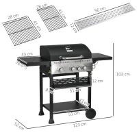 Outsunny Four-Burner Steel Gas Grill, with Thermometer - Black(m-3)