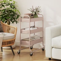 HOMCOM 3-Tier Storage Trolley on Wheels, Rolling Utility Cart with Mesh Backets for Kitchen, Bathroom, Bedroom, Light Pink(m-8)