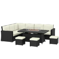Outsunny 7 Pieces PE Rattan Garden Furniture Set, 50,000 BTU Gas Fire Pit Table, Double Corner Sofa and 3 Footstools(m-1)