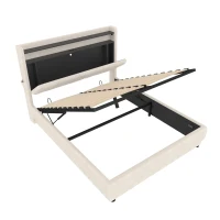 Lit rembourré avec tête de lit LED et coffre de rangement, sommier à lattes à vérin à gaz, sans matelas, 160x200 cm, Beige(m-2)