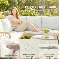 Outsunny Set Mobilier Grădină din Ratan, 4 Piese în Formă de L, cu 2 Canapele, Colțar, Măsuță de Cafea și Perne, Cadru din Oțel, pentru Balcon sau Terasă, Natural/Crem(m-6)