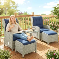 Outsunny 5 Piece Garden Furniture Set, Rattan Reclining Garden Chair Set of 2 with Footstool and Cushion for Balcony, Dark Blue(m-9)