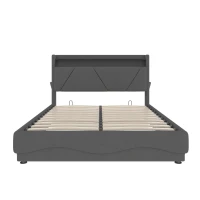 Lit rembourré avec tête de lit LED et rangement, sommier à lattes avec vérins à gaz, sans matelas, 140x200 cm, Gris(m-7)
