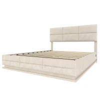 Lit rembourré en velours avec tête de lit réglable en hauteur, éclairage LED et système de levage hydraulique, sans matelas, 140x200 cm, Beige(m-10)