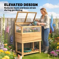 Outsunny Jardinieră înaltă cu seră din lemn, ladă de plantare ridicată cu capac rabatabil, raft, material nețesut, ergonomic(m-4)