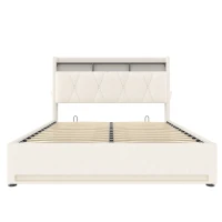 Lit rembourré avec tête de lit LED et coffre de rangement, sommier à lattes à vérin à gaz, sans matelas, 160x200 cm, Beige(m-9)