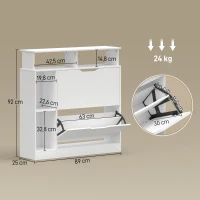 HOMCOM Sapateira Armário de Sapatos 2 Gavetas Basculantes Compartimentos Abertos e Prateleira Ajustável Branco(m-3)