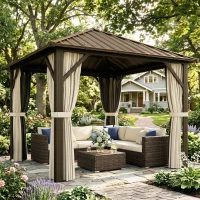 Outsunny Pabellón de jardín aprox. 3 x 3 m Pérgola de aluminio con techo de acero rígido, mosquitera, 4 paneles laterales, UPF50+(m-2)