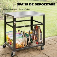 Outsunny Troller pentru Grătar de Exterior cu Blat din Oțel Inoxidabil, 4 Cârlige, Mâner și Roți Blocabile, Negru(m-5)