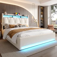 Lit rembourré avec tête de lit LED et coffre de rangement, sommier à lattes à vérin à gaz, sans matelas, 160x200 cm, Beige(m-5)