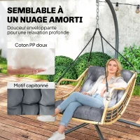 Outsunny Fauteuil suspendu en résine tressée avec support, chaise suspendue, coussin, attache de sécurité, hauteur réglable, gris(m-5)