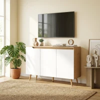 HOMCOM Buffet salon, meuble de rangement, 3 portes, étagères réglables et pieds en bois d'hévéa, 107x35x76,5cm, blanc et chêne(m-8)