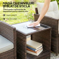 Outsunny Set Bistro pentru Exterior 3 Piese din Ratan cu Măsuță pe 2 Niveluri, Perne pentru Balcon și Terasă, Maro și Crem(m-7)