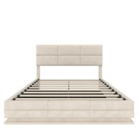 Lit rembourré en velours avec tête de lit réglable en hauteur, éclairage LED et système de levage hydraulique, sans matelas, 160x200 cm, Beige(m-9)