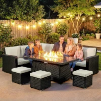 Outsunny 7 Pieces PE Rattan Garden Furniture Set, 50,000 BTU Gas Fire Pit Table, Double Corner Sofa and 3 Footstools(m-7)