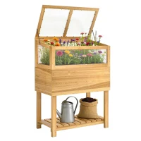 Outsunny Jardinieră înaltă cu seră din lemn, ladă de plantare ridicată cu capac rabatabil, raft, material nețesut, ergonomic(m-7)