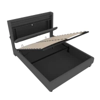 Lit rembourré avec tête de lit LED et rangement, sommier à lattes avec vérins à gaz, sans matelas, 140x200 cm, Gris(m-8)