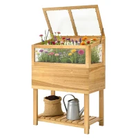 Outsunny Jardinieră înaltă cu seră din lemn, ladă de plantare ridicată cu capac rabatabil, raft, material nețesut, ergonomic(m-6)