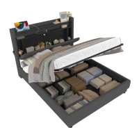 Lit rembourré avec tête de lit LED et rangement, sommier à lattes avec vérins à gaz, sans matelas, 140x200 cm, Gris(m-6)