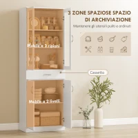 HOMCOM Credenza Cucina con 2 Armadietti e un Cassetto, Mensole Regolabili e Ante in Vetro, 60x35x180 cm, Bianco(m-4)