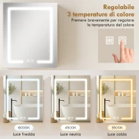 HOMCOM Armadietto Bagno con Specchio, Luce LED Regolabile e Sistema Antiappannamento, 50x15x60 cm, Bianco(m-4)