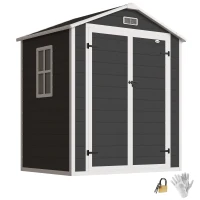 Outsunny 6'x4.5' Garden Storage Shed, Lockable Garden Shed with Double Doors, Window, Vent and Plastic Roof, Black(m-10)